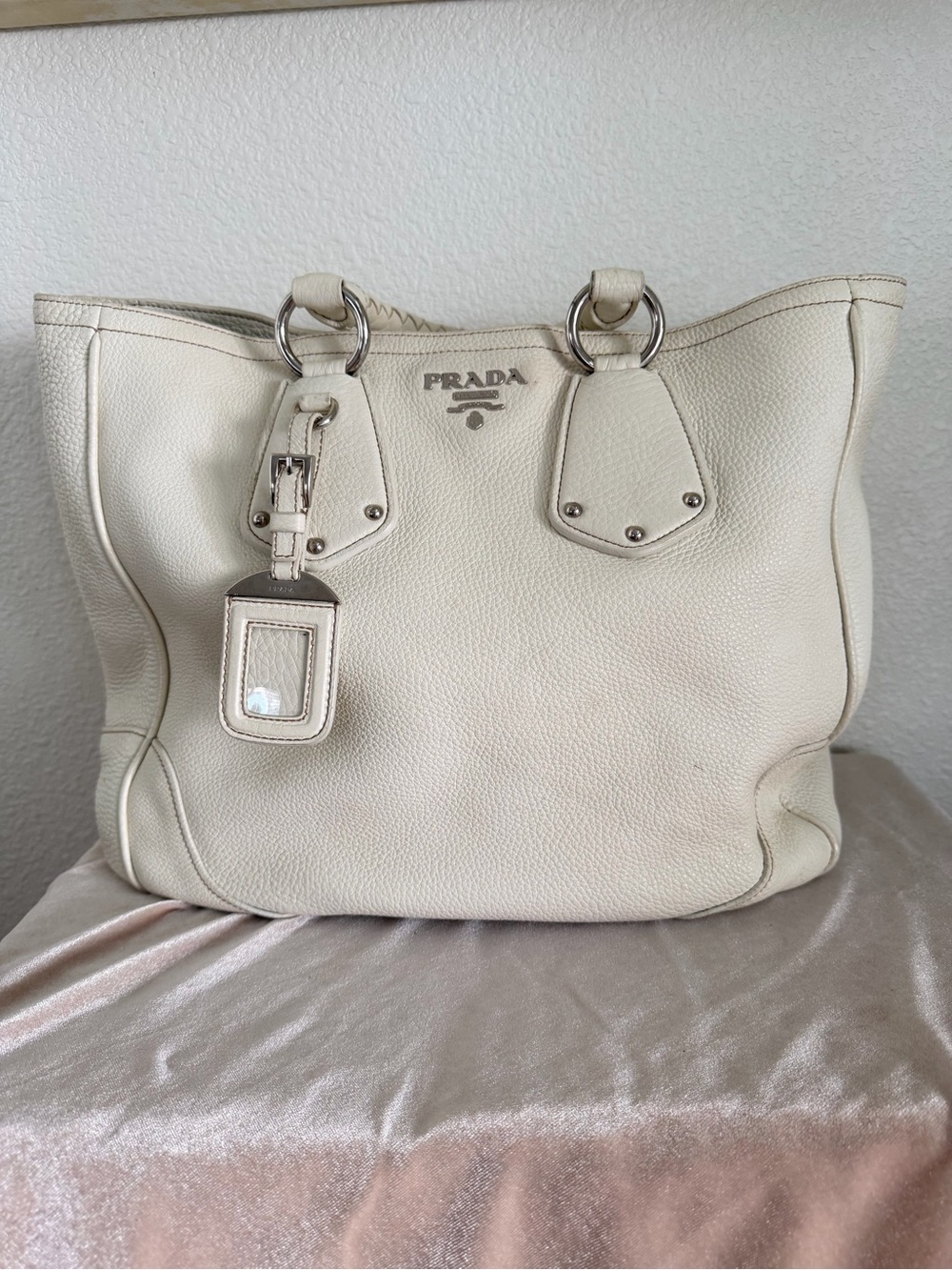 PRADA - Cream Leather Tote with Silver Hardware